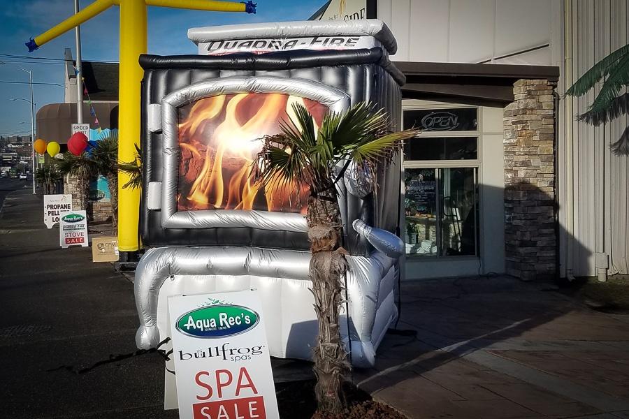 Custom Inflatable Fireplace Replica in front of store